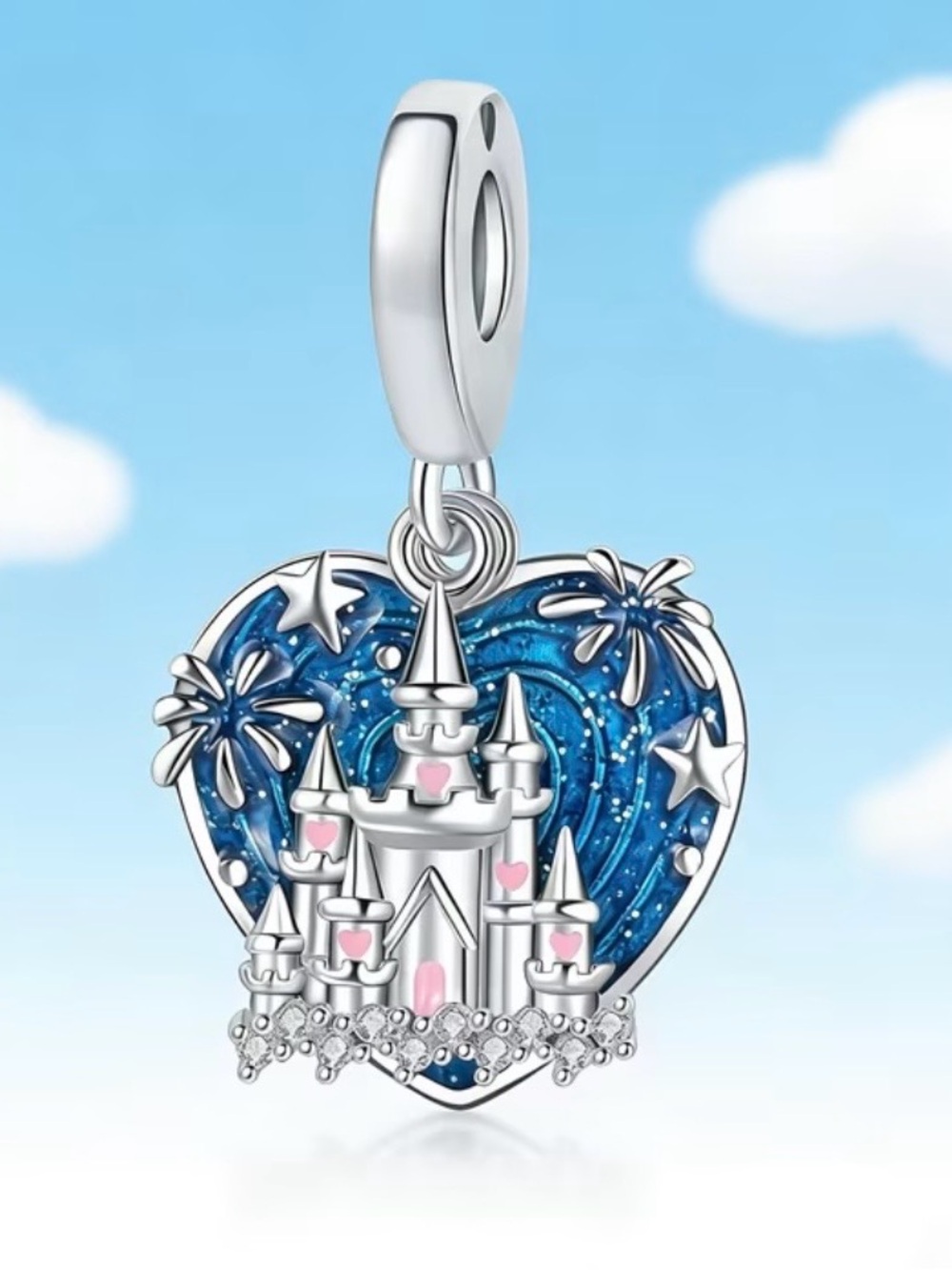 🏰 Blue Castle & Fireworks Heart Swing Dangle Bracelet Charm-NEW